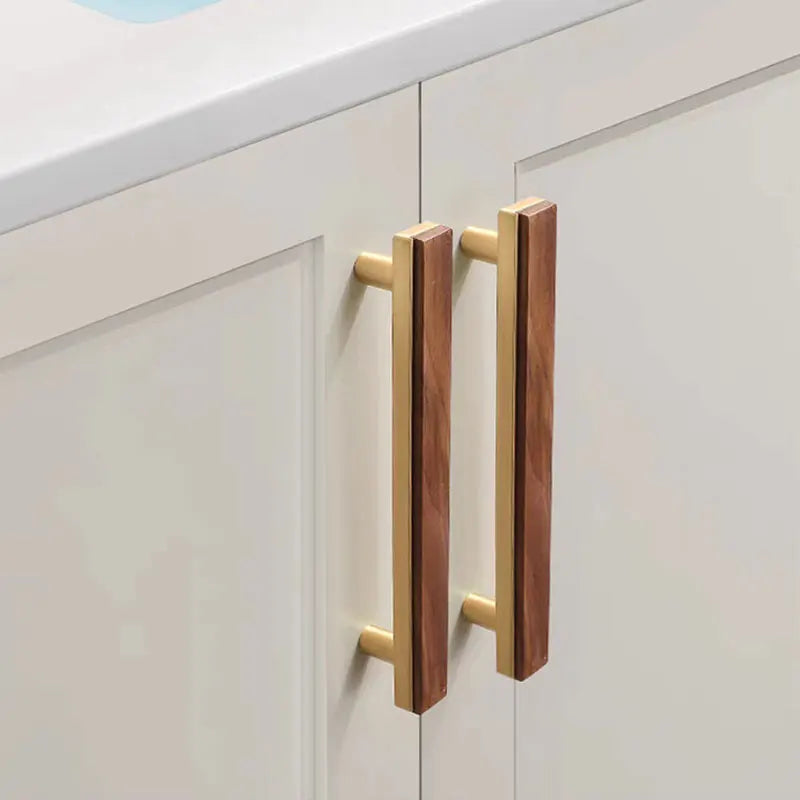 Furniture Handle in Walnut Wood & Brushed Gold