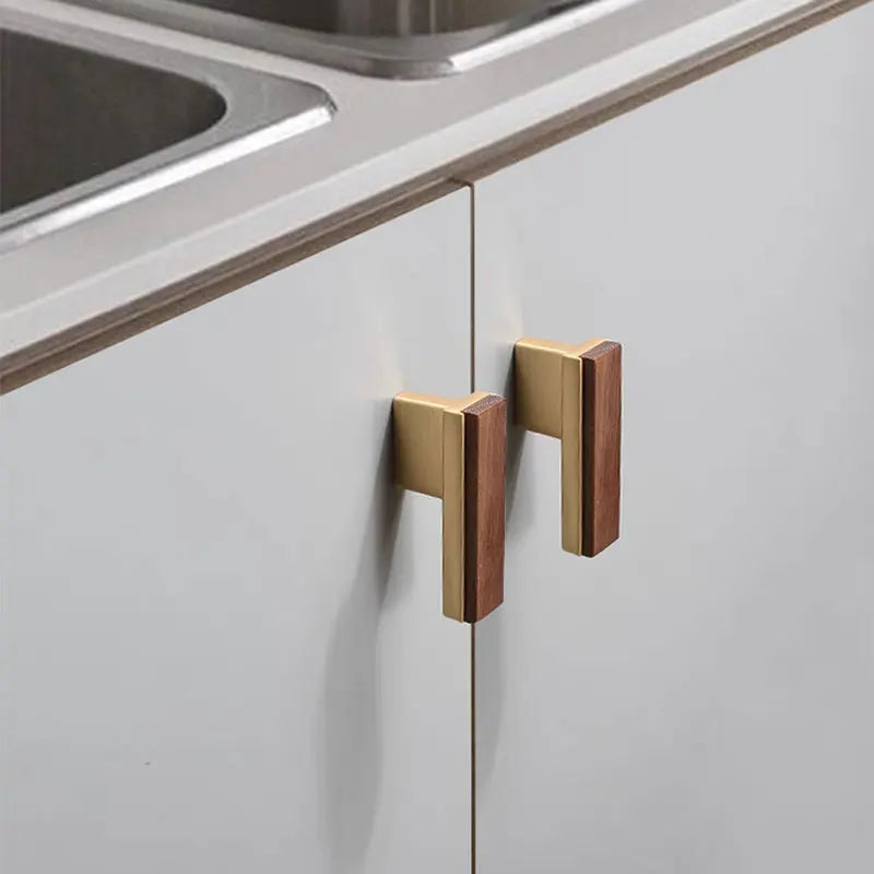 Furniture Handle in Walnut Wood & Brushed Gold