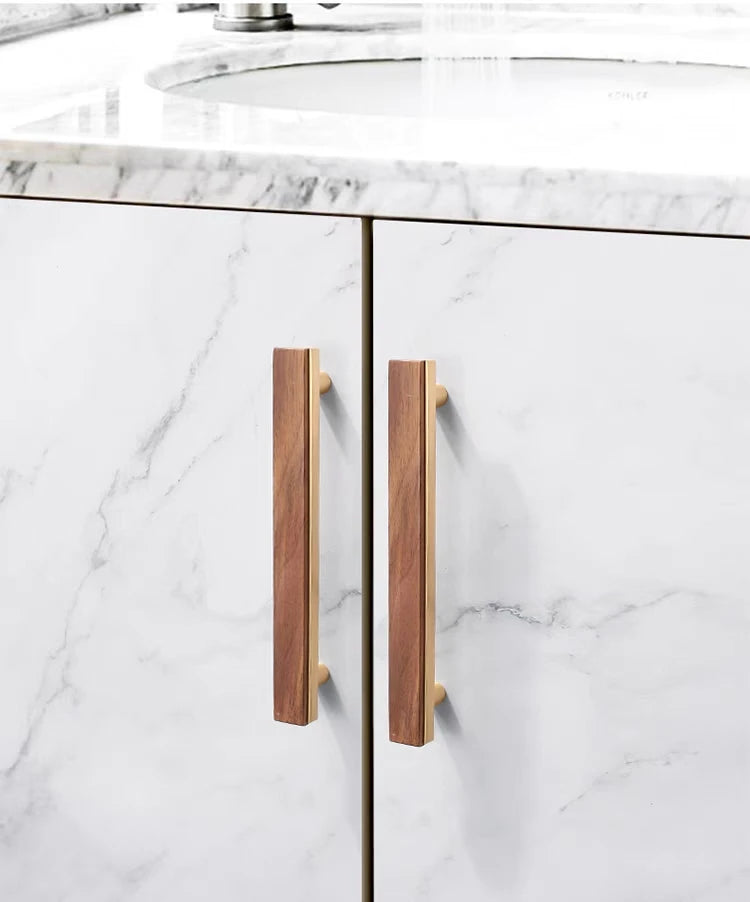 Furniture Handle in Walnut Wood & Brushed Gold
