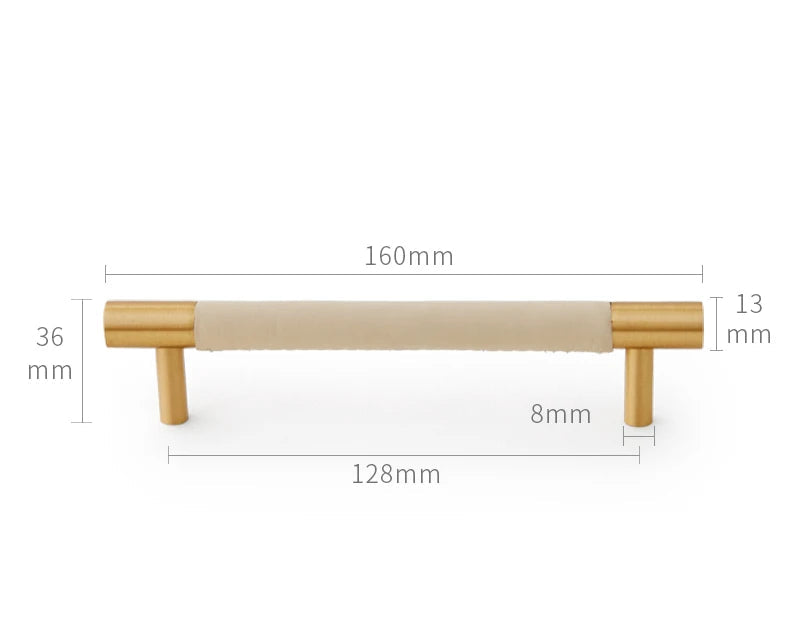 Poignée de meuble en cuir beige et laiton or brossé