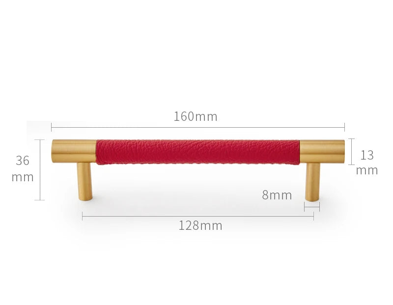 Poignée de meuble en cuir rouge et laiton or brossé
