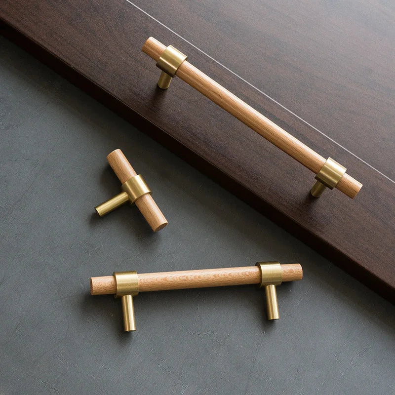 Poignées de porte bois d'hêtre naturel et laiton