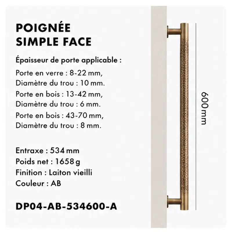 Poignée de Tirage Martelé en Laiton Couleur bronze 600mm