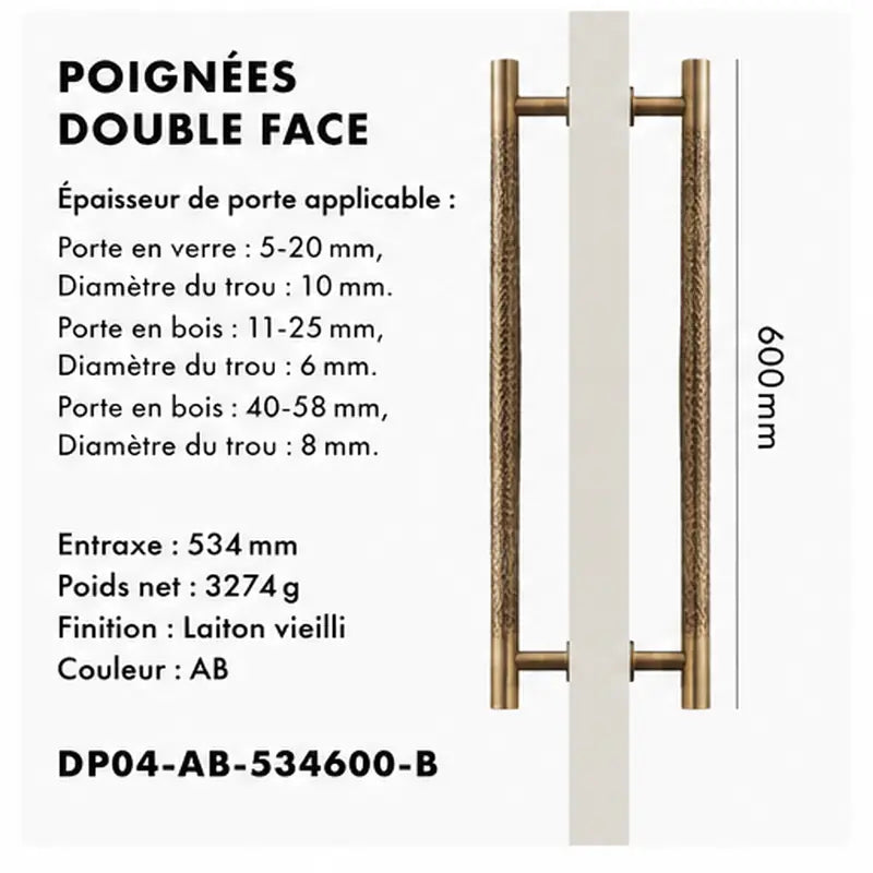 Poignée de Tirage Martelé en Laiton Couleur bronze double 600mm