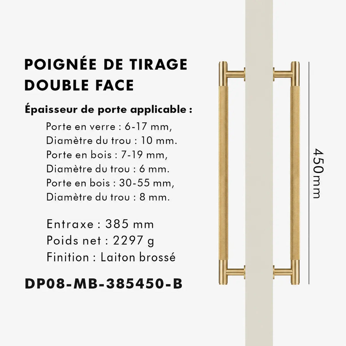 Poignée de Tirage en Laiton Or Brossé double 450mm