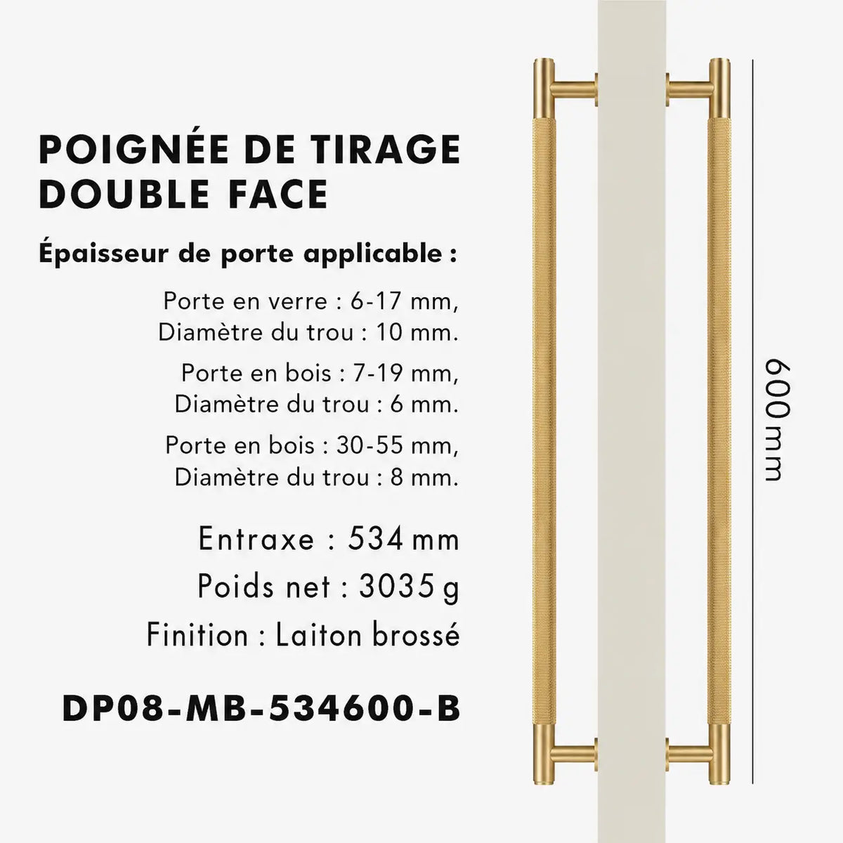 Poignée de Tirage en Laiton Or Brossé double 600mm
