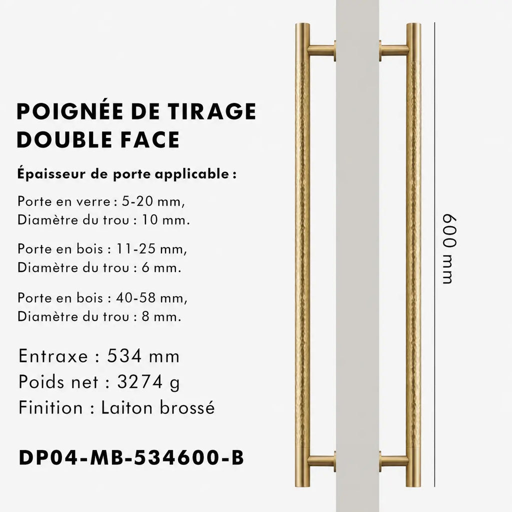 Poignée de Tirage en laiton martelé brossé double 600mm