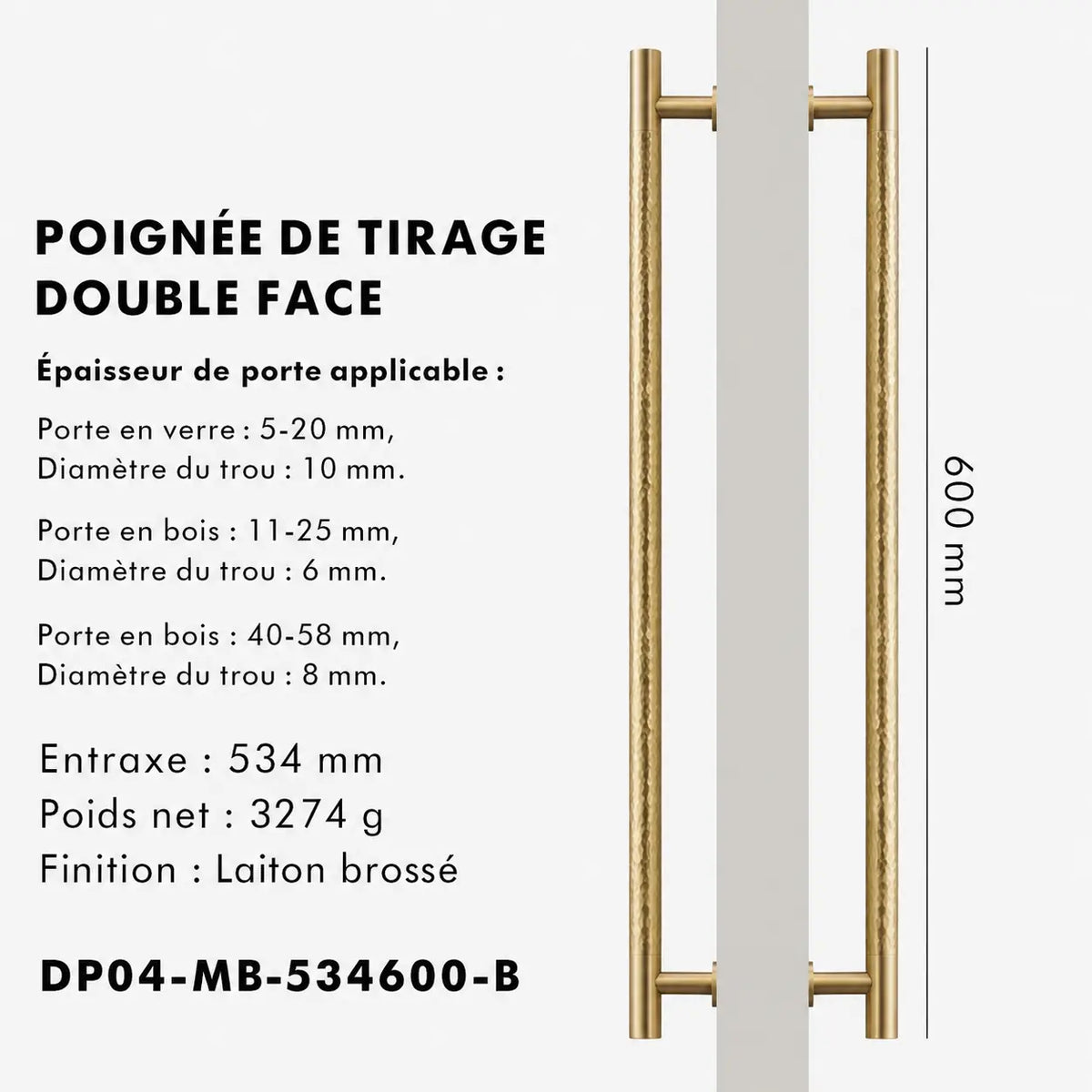 Poignée de Tirage en laiton martelé brossé double 600mm