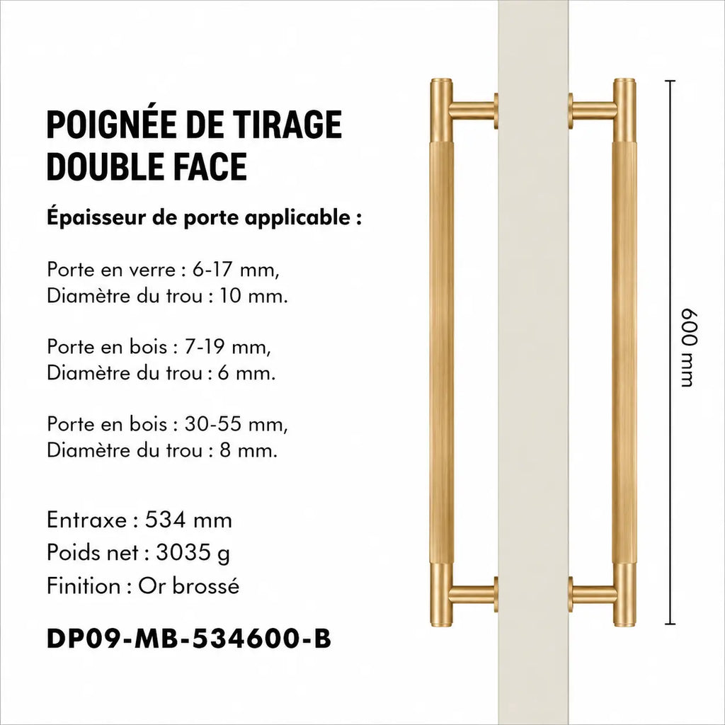 Poignée de Tirage en Laiton Massif Raffiné double 600mm
