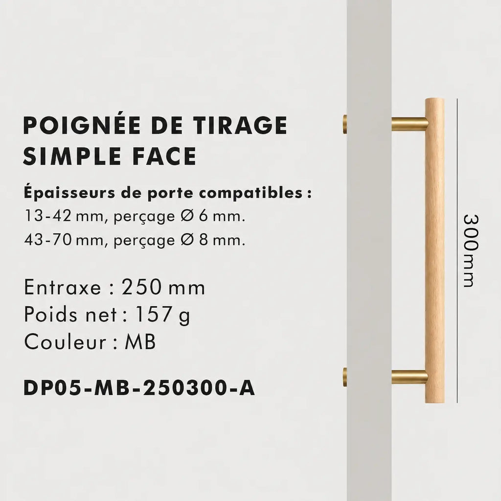 Poignée de tirage en Bois d'Hêtre et laiton Bronze
