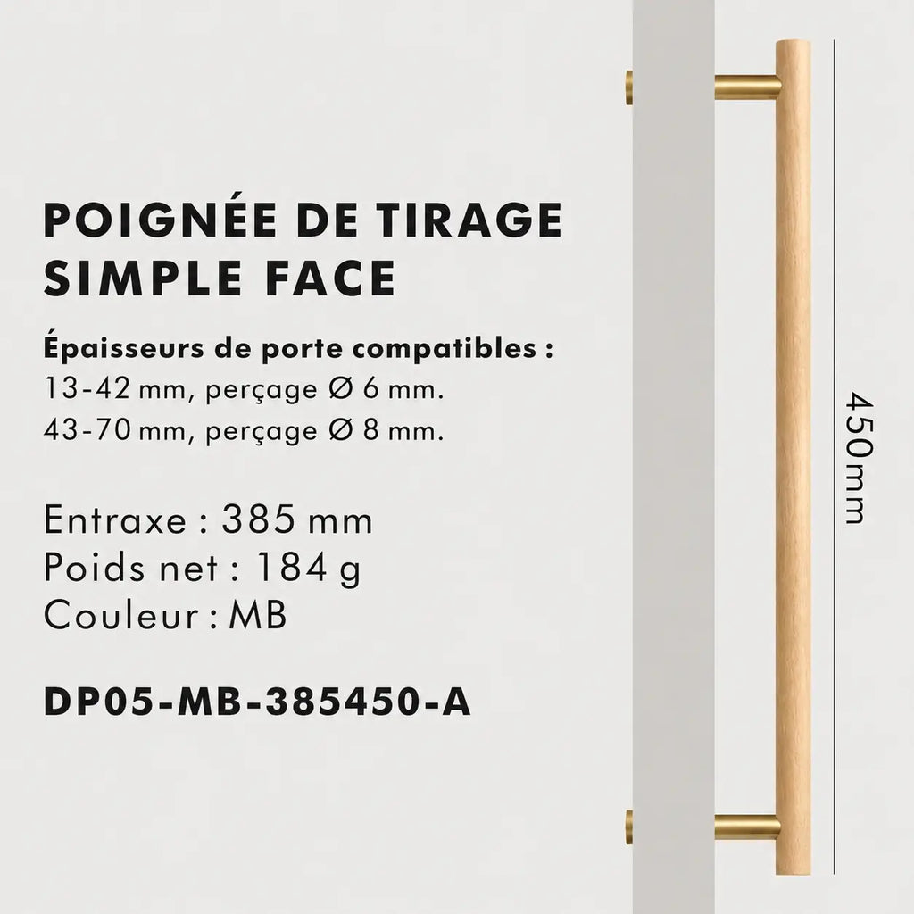 Poignée de tirage en Bois d'Hêtre et laiton Bronze