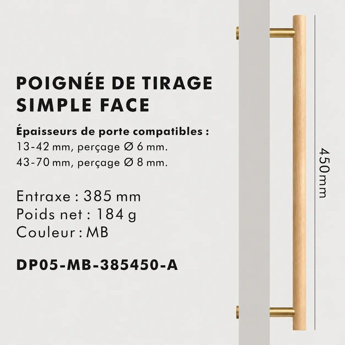 Poignée de tirage en Bois d'Hêtre et laiton Bronze