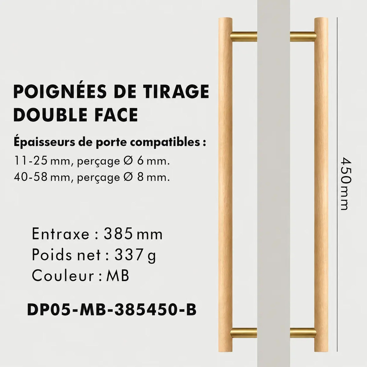 Poignée de tirage en Bois d'Hêtre et laiton Bronze