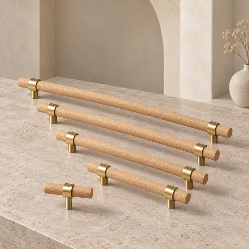 Natural Beech and Brass Furniture Handles